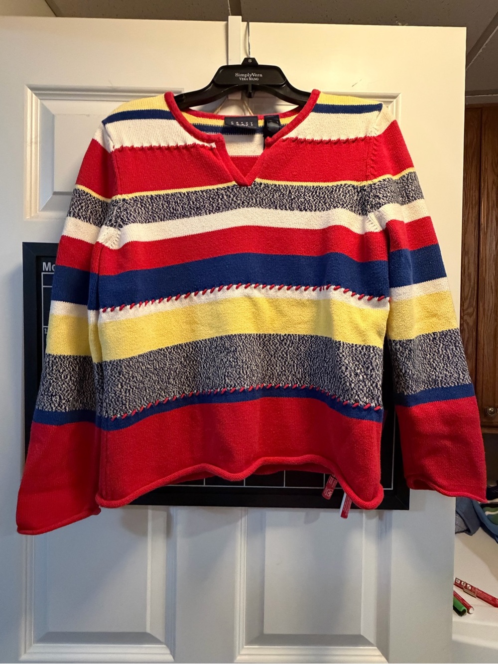 Striped V‑Neck Sweater - Red, Blue, Yellow, White